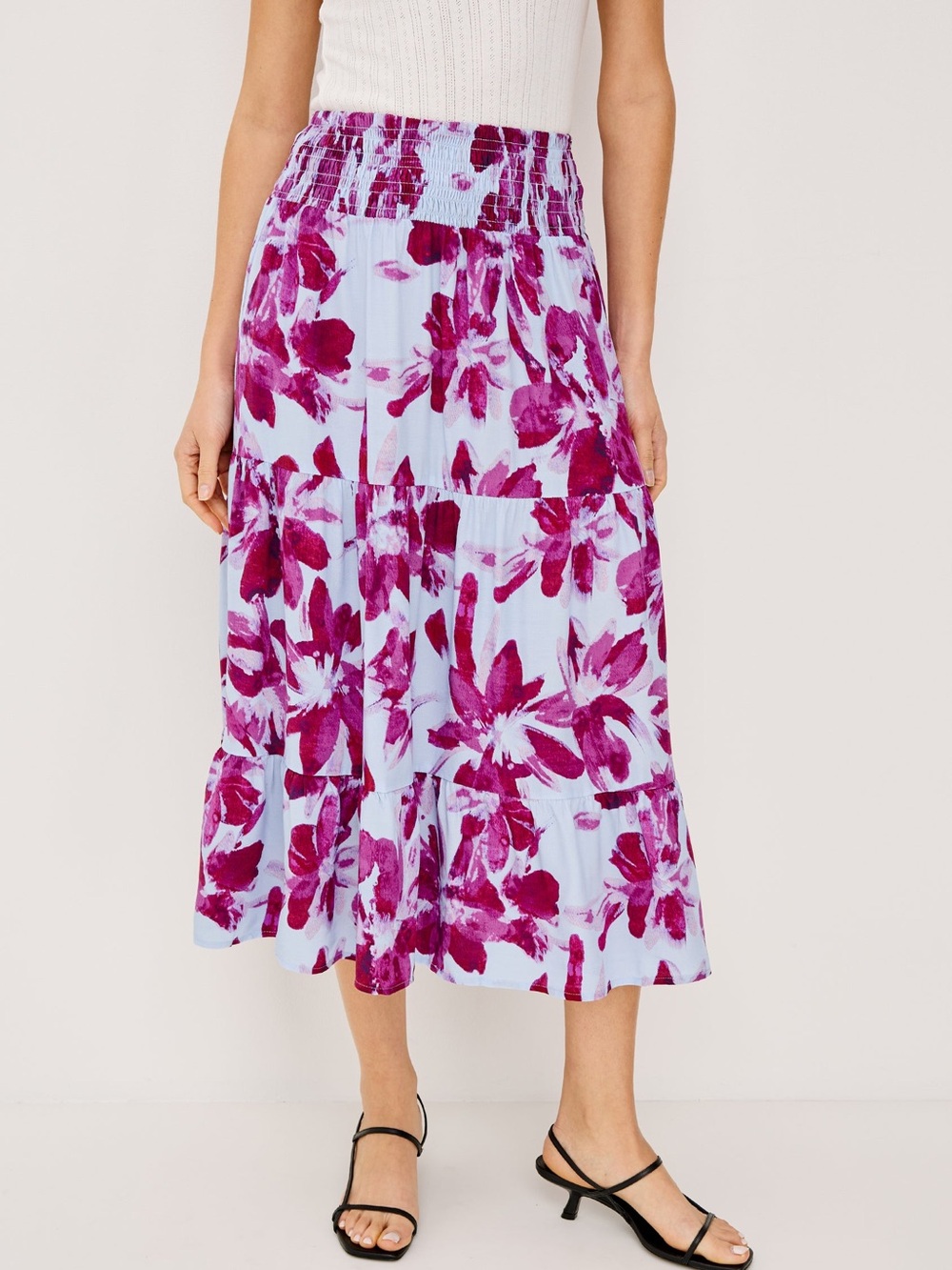 RAILS Edina Floral Tiered Maxi Skirt Blue Lily Purple Smocked Waist Small